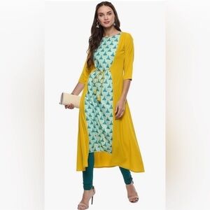 Janasya Indian Kurti Poly Crepe A-Line Tunic Dress 3/4 Sleeve Size L